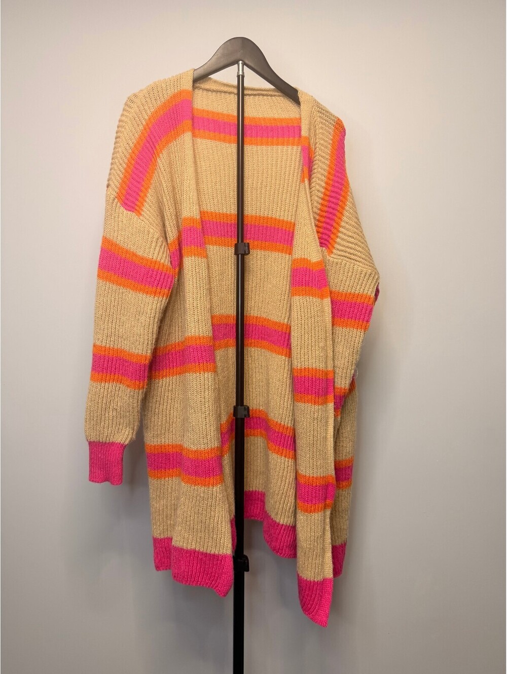 Cozy Beige Knit Cardigan with Pink and Orange Stripes